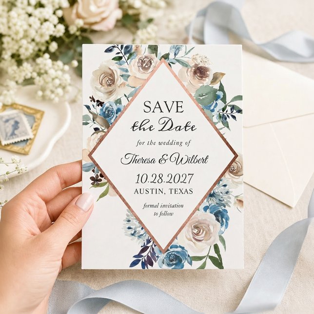 Boho Dusty Blue Rustic Floral Save The Date (Creator Uploaded)