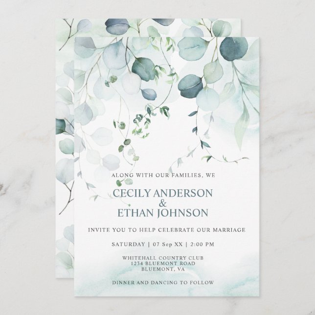 Boho Dusty Blue & Sage Green Eucalyptus Wedding Invitation (Front/Back)