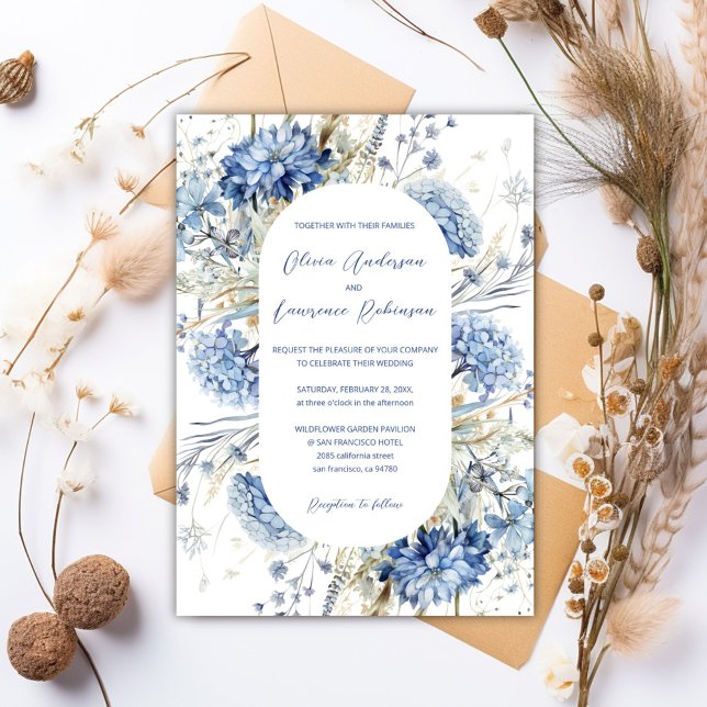 Boho Dusty Blue Sage Wildflowers QR Winter Wedding Invitation (Boho Dusty Blue Sage Wildflowers QR Winter Wedding Invitation)