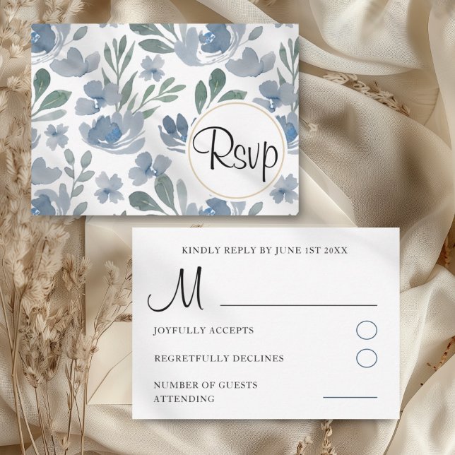 Boho Dusty Blue Watercolor Floral Wedding RSVP Card (Creator Uploaded)