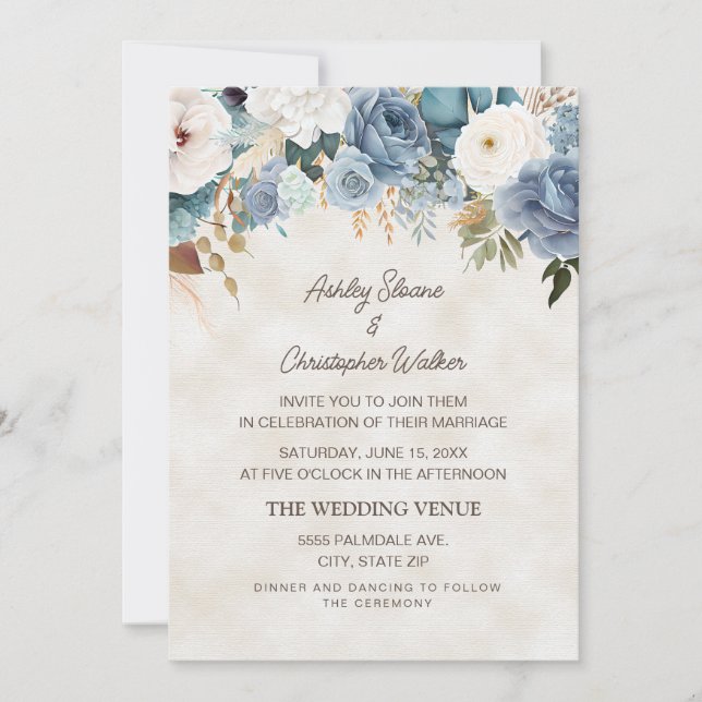 Boho Dusty Blue White Flowers Cream Wedding Invitation (Front)