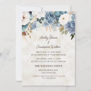 Boho Dusty Blue White Flowers Cream Wedding Invitation