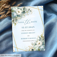 Boho Dusty Blue White Gold Flowers Save The Date