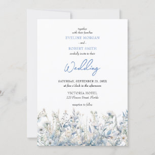 Boho dusty blue wild flowers wedding invite