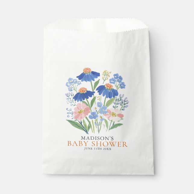 Boho Dusty Blue Wildflower Baby in Bloom Favour Bags (Front)