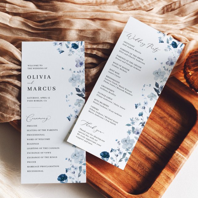 Boho Dusty Blue Wildflower Elegant Wedding Program Programme (Front/Back)