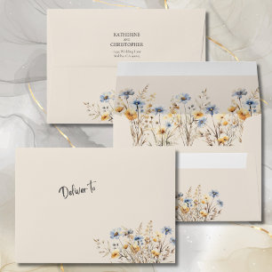 BOHO Dusty Blue Wildflowers Elegant Wedding Envelope