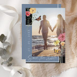 Boho Dusty Blue Wildflowers Photo Save the Date<br><div class="desc">Wildflowers Dusty Blue Photo Save the Date Card. Stylishly remind your friends and family of your wedding date, with this floral, slate blue, wildflowers, photo save the date card, with a pretty, white typography, over a striking dusty blue and black background alongside a stylish photo of the couple-to-be that you...</div>