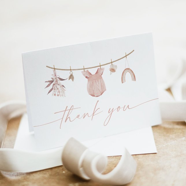 Boho Dusty Blush Pink Baby Girl Clothesline Thank You Card (Creator Uploaded)