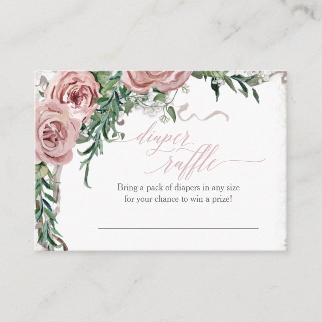 Boho Dusty Blush Pink Rose Diaper Raffle Enclosure Business Card (Front)