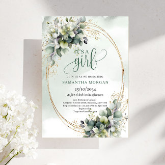 Boho Dusty Green Eucalyptus Leaves It’s A Girl Invitation