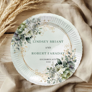 Boho Dusty Green Eucalyptus Watercolor Wedding Paper Plate