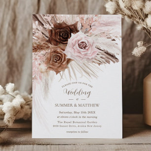 Boho Dusty Pink Brown Floral Pampas Grass Wedding Invitation
