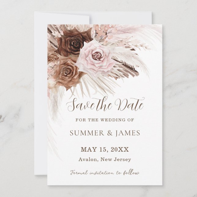 Boho Dusty Pink Brown Floral Pampas Grass Wedding Save The Date (Front)