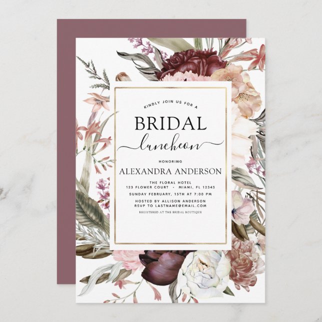 Boho Dusty Pink Burgundy Bridal Shower Luncheon Invitation (Front/Back)
