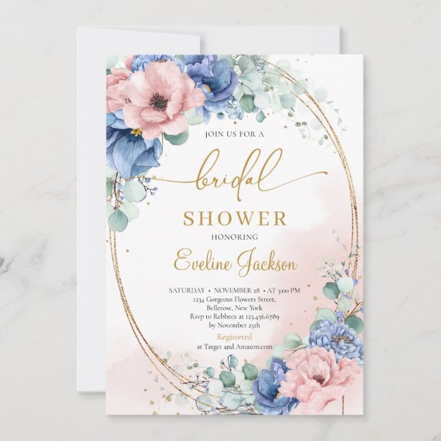 Boho dusty pink dusty blue rustic bridal shower invitation (Front)