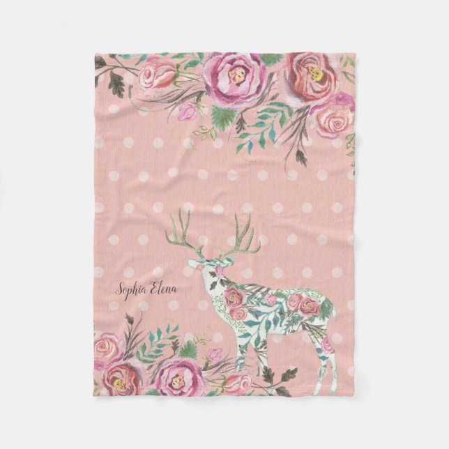 BOHO Dusty Pink Floral Deer Antler Baby Girl Name Fleece Blanket (Front)