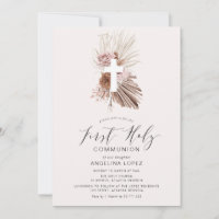 boho dusty pink floral first communion invitation