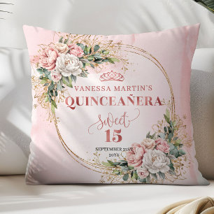 Boho Dusty Pink Floral Greenery Sweet 15 Birthday Cushion
