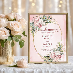 Boho Dusty Pink Flowers Gold Glitter Welcome Sign