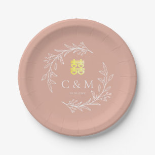 Boho dusty pink leaf wreath modern Chinese wedding Paper Plate