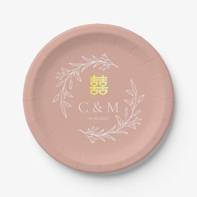 Boho dusty pink leaf wreath modern Chinese wedding Paper Plate (Front)