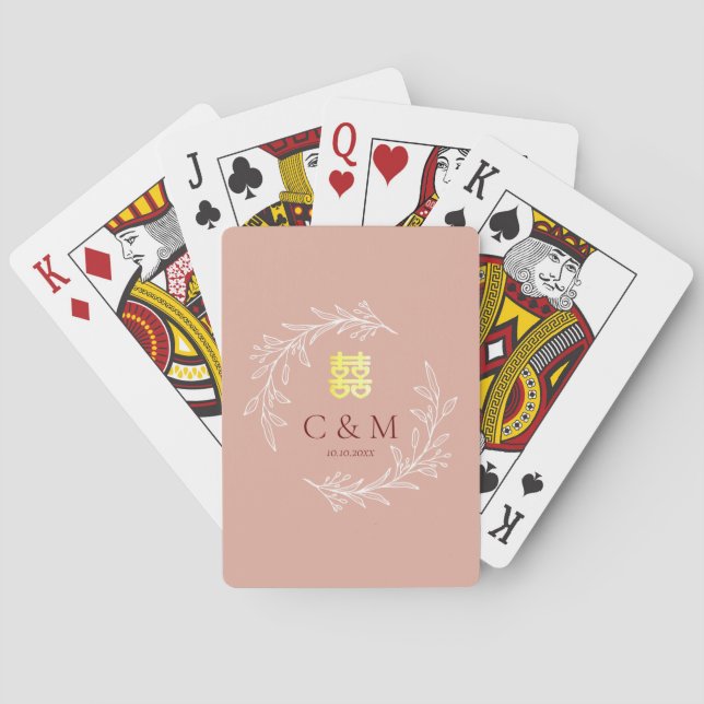 Boho dusty pink leaf wreath modern Chinese wedding Playing Cards (Back)