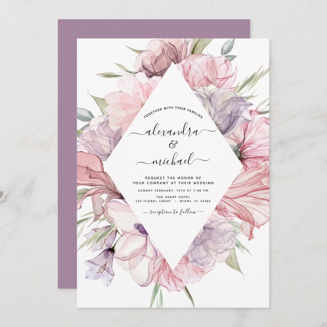 Boho Dusty Pink Purple Wedding Invitation (Front/Back)