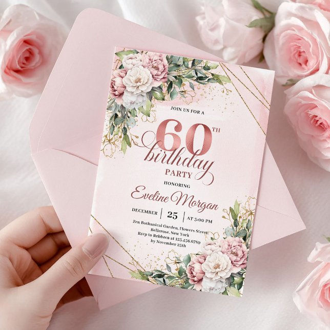 Boho Dusty Pink Rose Gold Watercolor 60th Birthday Invitation (Dusty Pink Rose Gold Watercolor 60th Birthday Invitation)