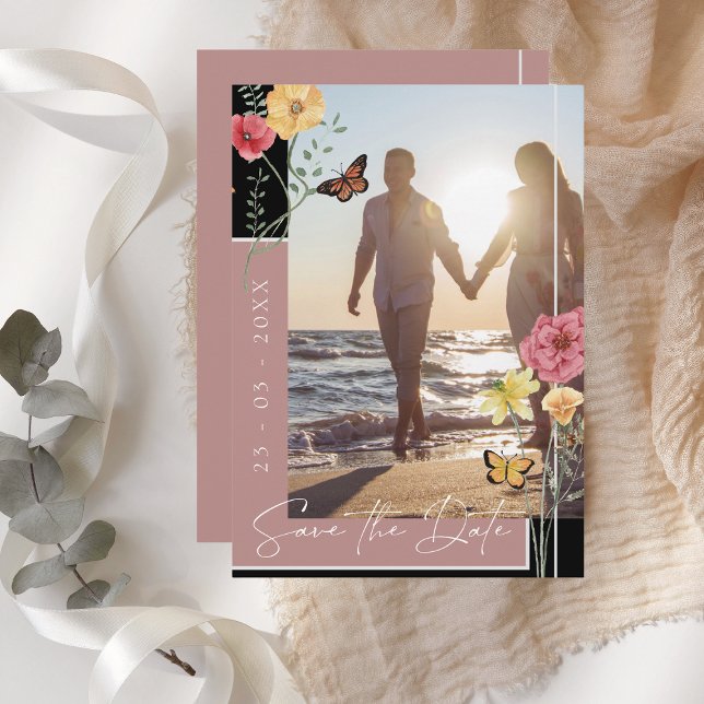 Boho Dusty Pink Wildflowers Photo Save the Date (Boho Dusty Pink Wildflowers Photo Save the Date)