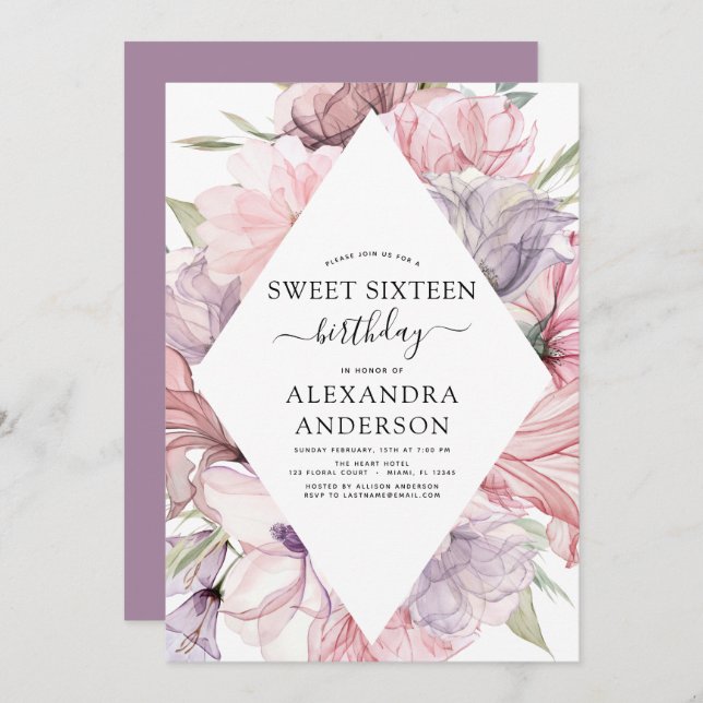 Boho Dusty Purple Sweet 16 Birthday Floral Invitat Invitation (Front/Back)