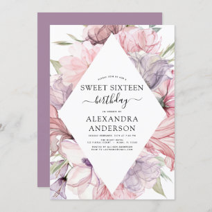 Boho Dusty Purple Sweet 16 Birthday Floral Invitat Invitation