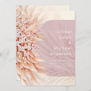BOHO Dusty Rose Coral PAMPAS GRASS Wedding Invitation