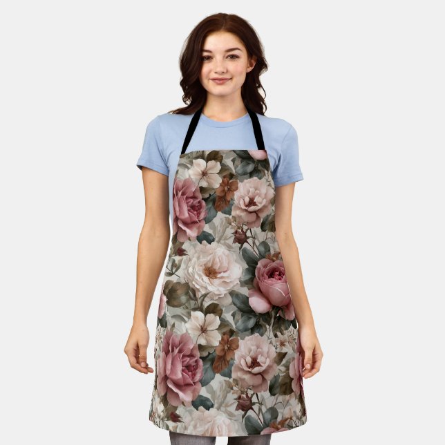 Boho Dusty Rose Flower Beige Floral Pattern Apron (Worn)