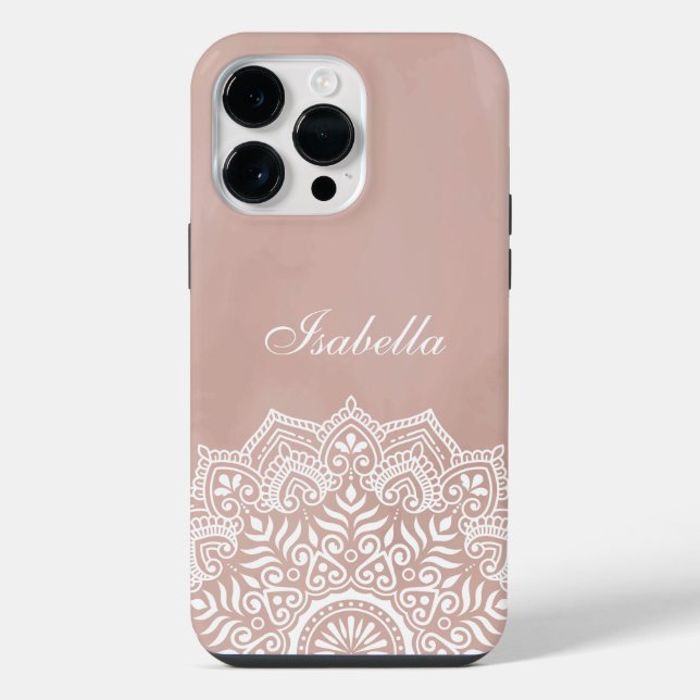 Boho Dusty Rose Mandala Custom Name iPhone Case (Back)