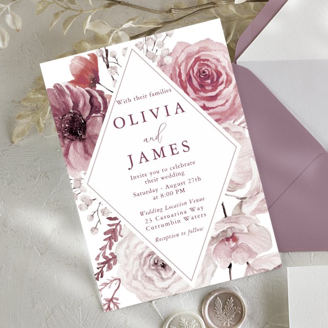 Boho Dusty Rose & Mauve Floral Frame Wedding Invitation (Creator Uploaded)
