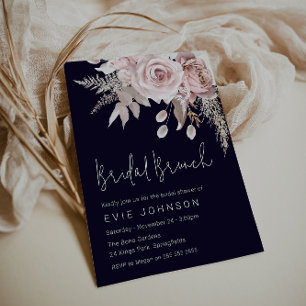  Boho Dusty Rose & Navy Bridal Shower Brunch Invitation