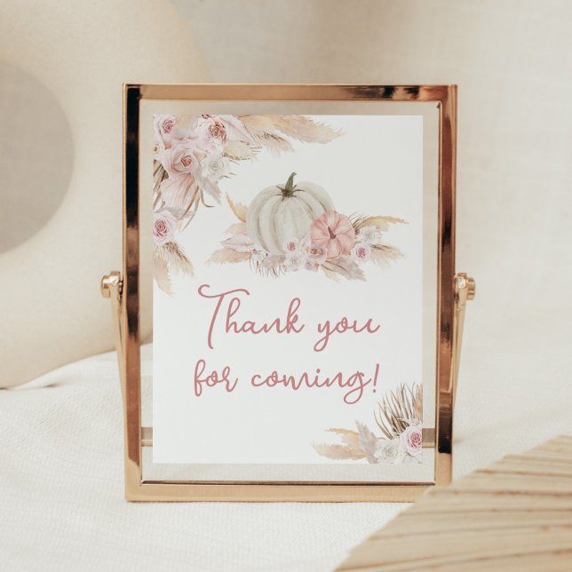 Boho Dusty Rose Pumpkin Thank you for Coming Poster (Pink Floral Pumpkin Baby Shower Thank you for Coming Sign)