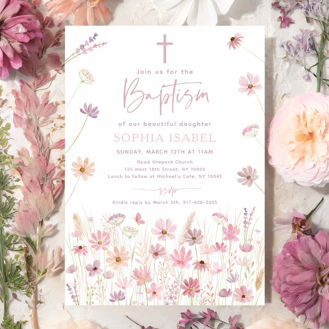 Boho Dusty Rose Wildflowers Baptism Invitation (Creator Uploaded)