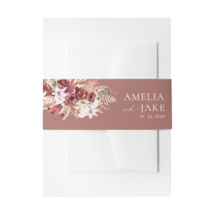 Boho Dusty Rosewood Floral Wedding Invitation Belly Band