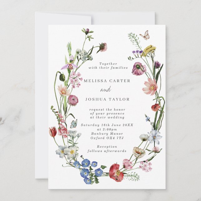 Boho Dutch Wild Flowers & Butterflies Wedding Invitation (Front)