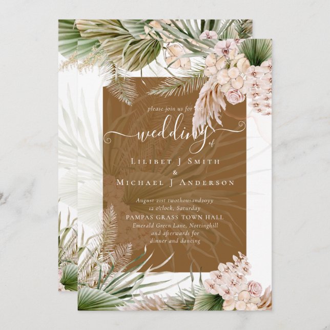 BOHO Earth Colour Pampas Grass Wedding Invitation (Front/Back)