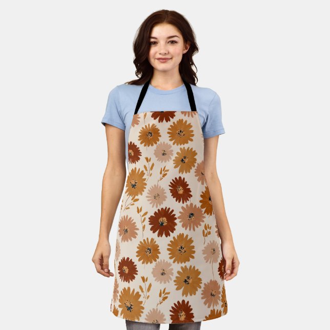 Boho Earth Tone Daisy Tan Floral Pattern Apron (Worn)