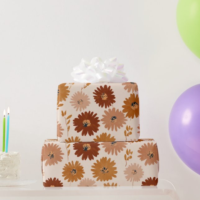 Boho Earth Tone Daisy Tan Floral Pattern Wrapping Paper (Party Gifts)