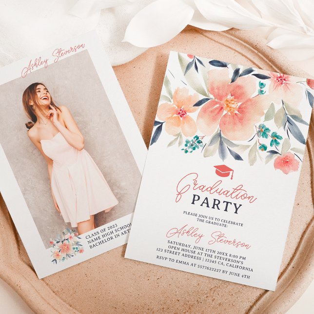 Boho earth tone floral watercolor photo graduation invitation (Creator Uploaded)