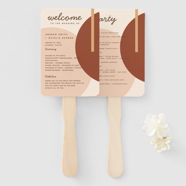 Boho Earth-toned Abstract Circles Wedding Program Hand Fan (Front and Back)