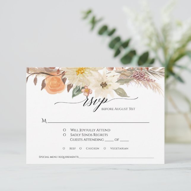 BOHO Earthy Autumn Floral Pampas Grass Wedding RSVP Card (Standing Front)