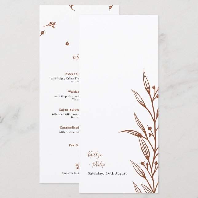 Boho Earthy Botanical Elegant Ivory Wedding Menu (Front/Back)