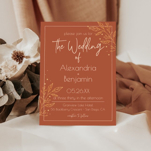 Boho Earthy Brown & Gold Modern Wedding Invitation (Creator Uploaded)