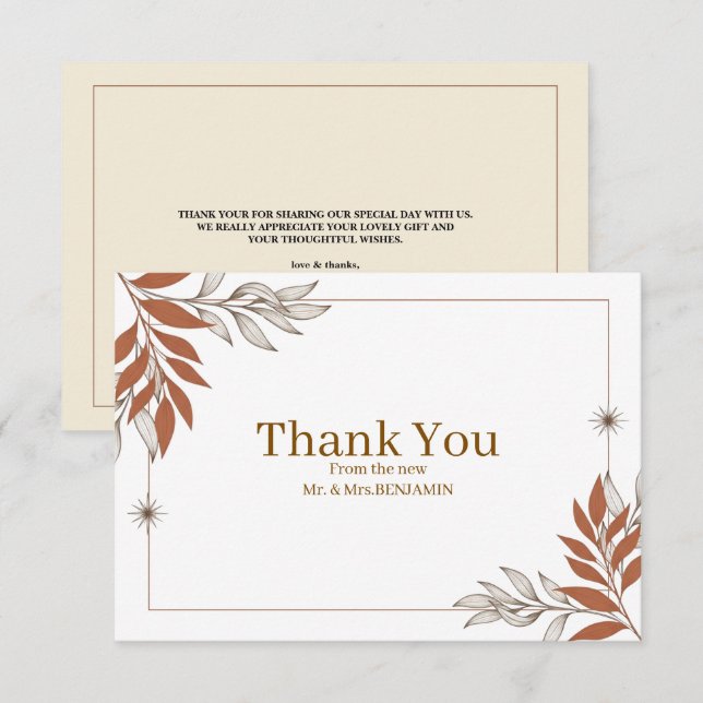 Boho Earthy Clay Leaf Wedding Thank You Card (Front/Back)